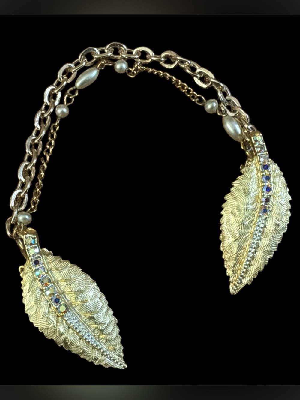 Vintage Gold Tone Sweater Guard Cardigan Clip AB Rhinestones Faux Pearl Chain